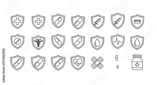 Collection of medical and healthcare outline icons presented on shields, featuring symbols like crosses, pills, syringes, caduceus, heartbeats, bandages, and medicine bottles, ideal for graphic