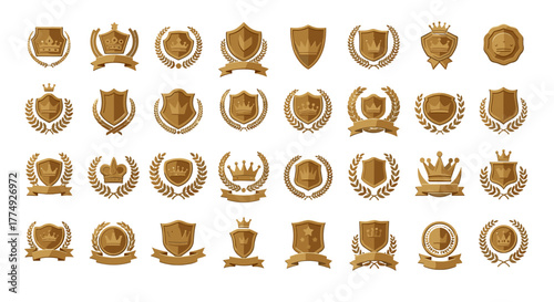 Collection of luxury golden badges and emblems featuring crowns, shields, and laurel wreaths, presented on a black background. These vintage-inspired vector illustrations are perfect for logos