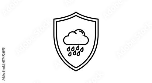 Minimalistic thin outline icon of a shield with a cloud and raindrops inside, representing water protection or weather safety. This vector cartoon illustration is perfect for web design, graphic