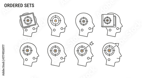 Set of eight stylized outline icons representing a human head profile with a target symbol inside, symbolizing focus, goals, and mental objectives, presented on a clean white background for versatile