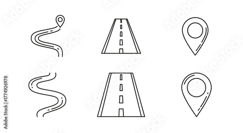 Set of minimalistic route and map pin icons, representing navigation, travel, and location services. This vector cartoon illustration features winding roads, straight highways, and map markers