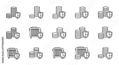 Minimalistic outline icons representing financial security and data protection, featuring stacks of coins protected by shields, and a folder icon with a shield, suitable for web design, app