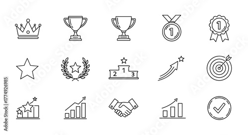 A meticulously crafted vector graphic illustration featuring a collection of winner icons, including trophies, stars, and achievement symbols, presented in a clean, ordered line art style on a white