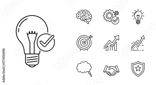 A minimalist line art illustration featuring a classic light bulb icon with a prominent checkmark symbol, symbolizing a brilliant idea, successful concept, or positive outcome, perfect for business