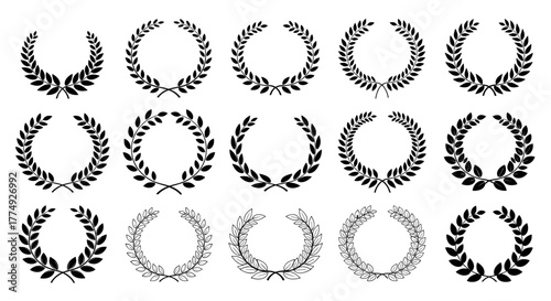 Collection of minimalist laurel wreaths and leaf branches in various styles, rendered in white on a black background, perfect for awards, badges, logos, certificates, and celebratory designs