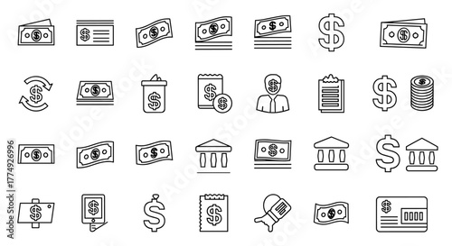 Finance and Money Thin Line Icons Set: A comprehensive collection of editable stroke icons representing various financial concepts including money, payment, business, profit, investment, and banking