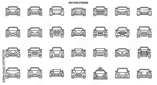 Collection of simple, isolated line icons of cars, perfect for graphics, designs, books, adverts, and apps. This editable stroke vector cartoon illustration features a variety of vehicle styles