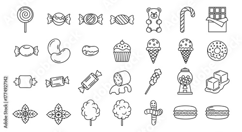 A delightful collection of outline icons representing various candies and sweet treats, perfect for adding a touch of sweetness to infographics, articles, books, flyers, and banners. This editable