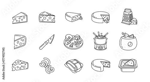 A collection of minimalistic line icons representing various types of cheese, cheese knives, graters, and fondue sets, perfect for web design, graphic applications, social media, and culinary themes