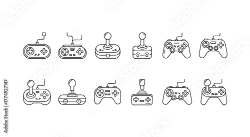 Collection of minimalistic line icons representing various joysticks and game controllers, featuring editable strokes and a clean, linear pictogram style perfect for digital design elements like