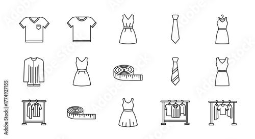 Collection of sewing and garment-related line icons, editable stroke for design, websites, apps, cards. Contains linear images of t-shirt, dress, tie, measuring tape, and clothing rack, perfect for