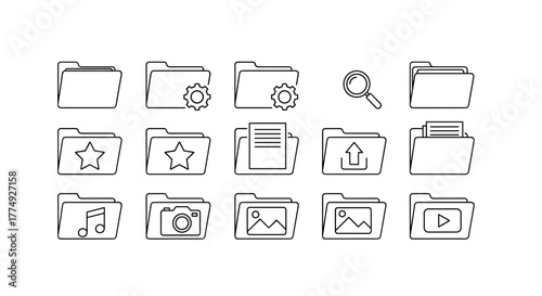 A collection of 12 minimalist line art icons representing various computer folders and related functions, presented on a clean white background. This bundle includes icons for general folders