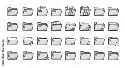 Modern outline style computer folder icons, perfect for design projects, cards, apps, and social networks. This ordered set features a clean, cartoon illustration style with a white background