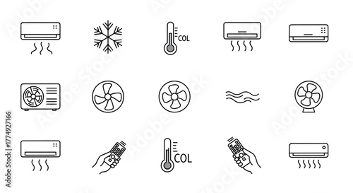 Collection of outline icons representing cooling and air conditioning systems, including split AC units, outdoor condensers, fans, thermometers, snowflakes, and remote controls, perfect for graphic