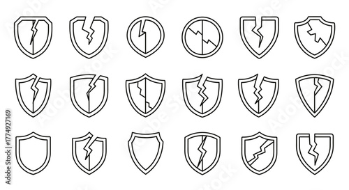 Collection of modern outline style cracked shield icons, representing vulnerability, damage, or broken security, perfect for design elements in apps, social networks, and cards, presented as a vector