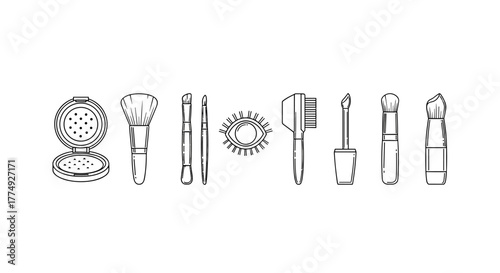 Minimalistic linear pictograms of cosmetic brushes and makeup items, including a powder compact, fan brush, eyeshadow brushes, mascara, and a brow brush, presented in a clean, modern vector cartoon