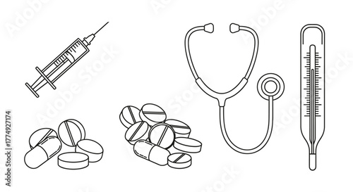Collection of medical signs including a syringe, stethoscope, pills, and thermometer, hand-drawn with thin lines, perfect for apps, websites, banners, and infographics, representing healthcare and
