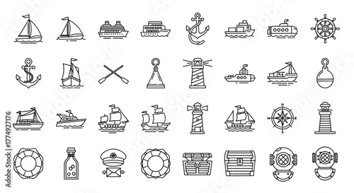 Collection of nautical and maritime line icons, featuring various ships, anchors, lighthouses, compasses, and diving helmets, presented as outline signs for graphic and web design, apps, adverts, and
