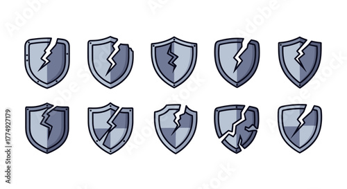 Collection of ten cracked shield icons in a vector cartoon illustration style, presented on a black background, representing concepts of broken security, vulnerability, and failed protection, ideal