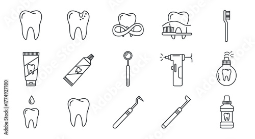 A comprehensive line icon bundle showcasing essential dentistry elements, including healthy and decayed teeth, dental floss, toothbrushes, toothpaste, dental tools like mirrors and drills, and