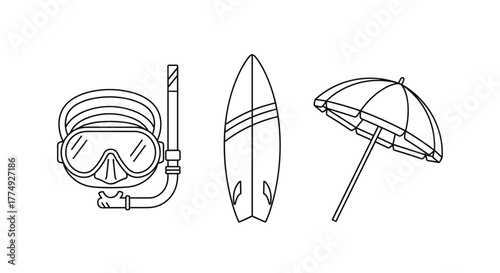 Vector line icon bundle featuring a diving mask with snorkel, a surfboard, and a beach umbrella, perfect for graphic and web design, apps, adverts, and various cards, offering a clean and modern