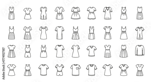 Diverse Collection of Fashionable Dresses and T-Shirts: A Comprehensive Bundle of Thin, Editable Stroke Icons, Perfect for Web Sites, Books, Cards, and Apps, Presented as a Vector Cartoon