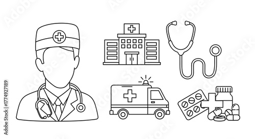 A clean and modern linear vector illustration depicting a collection of medical and healthcare symbols, including a doctor, hospital, stethoscope, ambulance, and drugs, all rendered with a thin