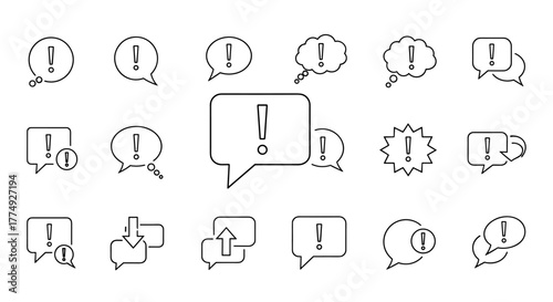 Collection of line art icons featuring exclamation marks within various speech bubble shapes, symbolizing alerts, warnings, and important notifications. Ideal for digital and print media, including
