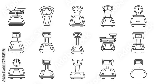 Collection of fifteen thin line icons representing various floor scales, including mechanical and digital models, presented as outline signs for graphic and web design, apps, advertisements, and