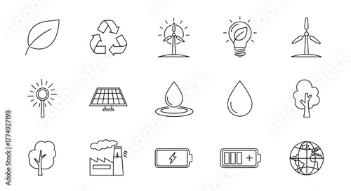 Set of environmental icons in a simple line art style, perfect for business and ecological themes. Includes leaf, recycle symbol, wind turbine, lightbulb, solar panel, water drop, tree, factory