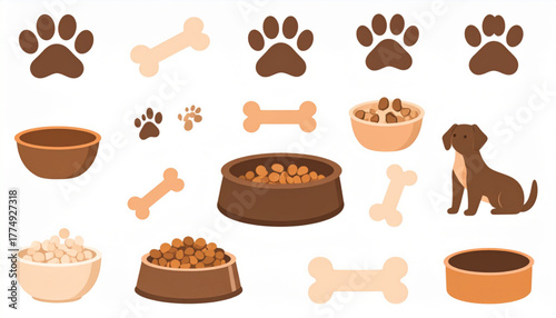 Flat Pet Care Icons: Paw Print, Bone, Bowl in Warm Tones