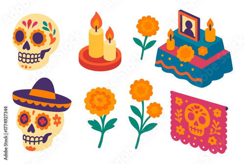 Colorful dia de los muertos elements featuring skulls, candles, and flowers
