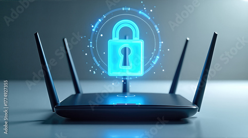 Secure wifi router with glowing padlock hologram, concept of cyber security and finance.