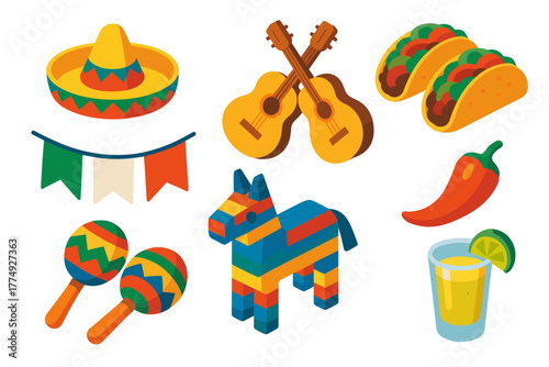 Colorful mexican elements with sombrero, guitars, tacos, and piñata in flat design