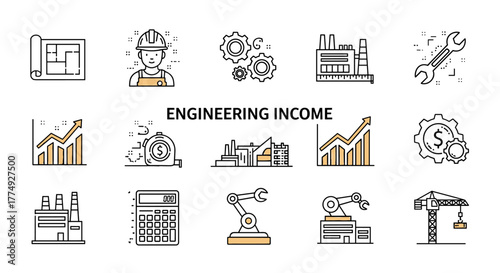 Modern thin line style vector illustration of engineering and income-related icons, including blueprints, engineers, manufacturing, and growth charts, perfect for technology and business
