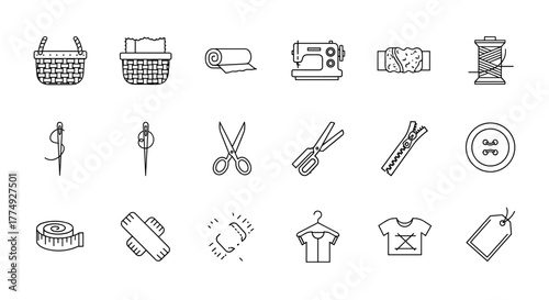 Thin line icon set for fabric features, symbol collection on a white background, editable vector stroke, 512x512 pixel perfect, ordered line icon set for sewing and tailoring, representing various