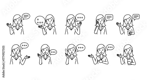 Dynamic vector cartoon illustration of a woman in mid-conversation, captured with an editable stroke on a clean white background, perfect for graphic design, websites, cards, books, and articles