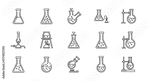 Collection of outline vector illustrations of laboratory flasks and scientific equipment, including beakers, burners, and stands, presented on a clean white background, perfect for graphic design