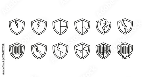 Collection of cracked shield icons in a linear pictogram style, representing broken security, damage, or vulnerability. These vector cartoon illustrations are perfect for interface elements, social