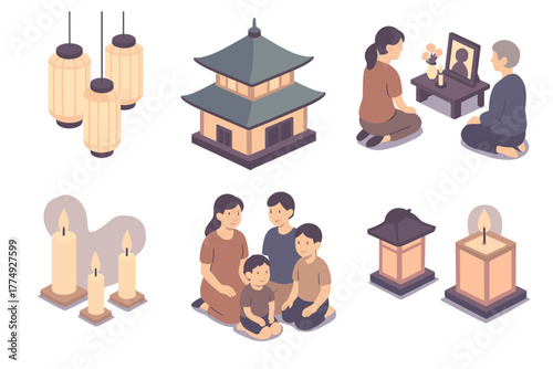 Traditional family rituals and cultural elements in isometric design