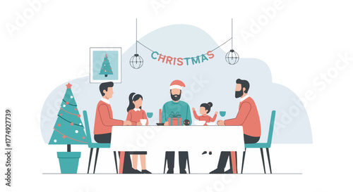 A family gathers around a table for a festive Christmas dinner, celebrating together.