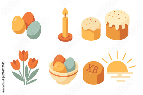 Colorful easter symbols collection with eggs, candle, cake, flowers, and sunrise