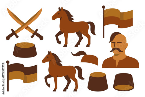 Medieval cavalry elements with horse and warrior motifs for historical design themes