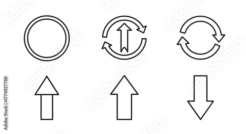 Bundle of round arrow, direction, arrow up, and arrow down related line icons, presented as outline signs. This versatile vector graphic collection is ideal for graphic and web design, applications