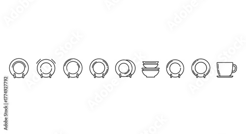 Collection of clean, simple, linear outline illustrations of plates and a cup, perfect for web sites, books, cards, and apps. Editable stroke vector cartoon illustrations for various design needs.