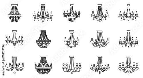 Collection of fifteen elegant chandelier outline illustrations on a black background, perfect for graphic design, web design, apps, adverts, and various cards, offering a classic and luxurious