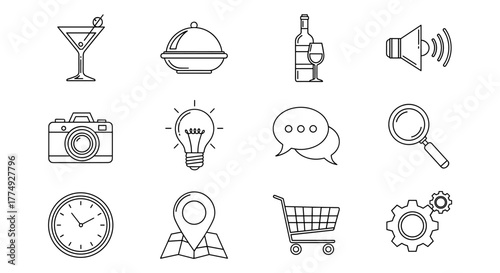 A collection of twelve thin-line white icons on a black background, featuring a cocktail glass, a cloche-covered bowl, a wine bottle and glass, a speaker symbol, a camera, a lightbulb, speech