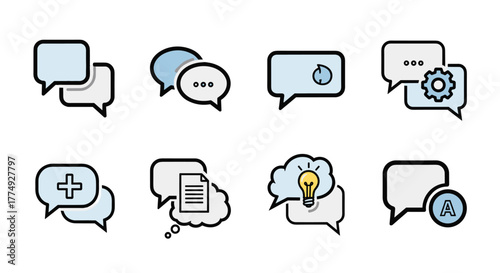 Set of eight modern flat design chat bubble icons with various symbols including a plus sign, document, lightbulb idea, refresh, gear, ellipses, and letter A, perfect for graphic design, apps, books