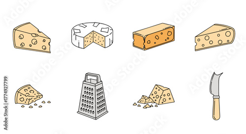 A delightful and simple vector cartoon illustration featuring a collection of cheese icons, perfect for websites, books, cards, and apps. This set includes various cheese types and a grater, all