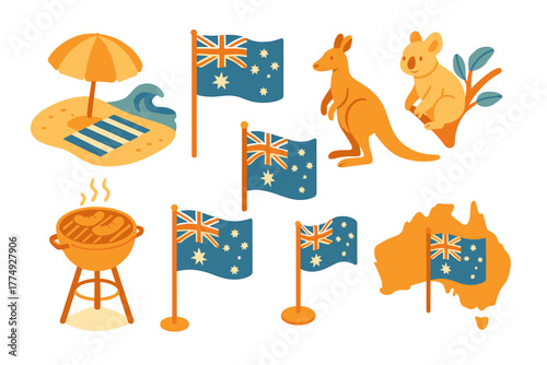 Australia icons set: flags, kangaroo, koala, bbq, beach, map in flat design
